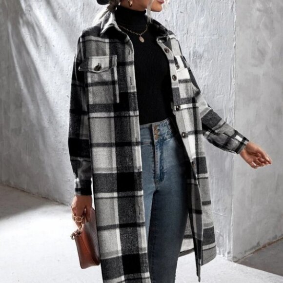 Boho  Plaid Print Flap Pocket button down Duster Jacker Coat black white - Picture 2 of 7